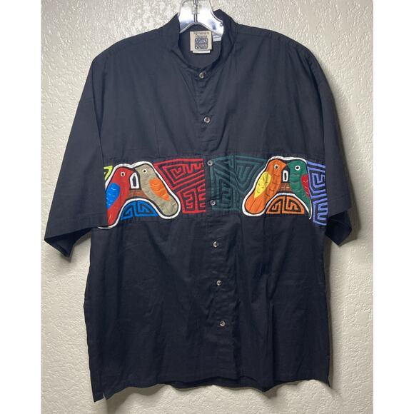 My Name Is Panama Shirt Mens Size Medium Birds Tribal Aztec Short Sleeve Button - Picture 1 of 15